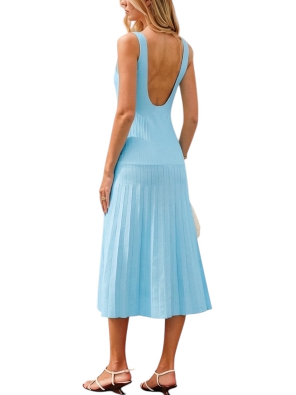 Commense Square Neck Ribbed Knit Pleated Midi Dress Light Blue Small NWT - Picture 2 of 9
